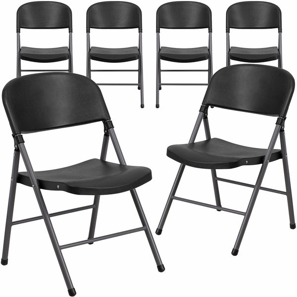 Flash Furniture 6 Pk. HERCULES Series 330 lb. Capacity Black Plastic Folding Chair with Charcoal Frame