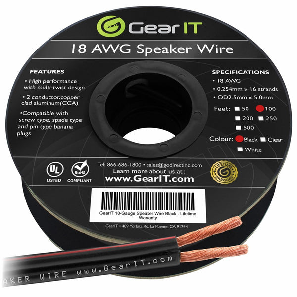 18AWG Speaker Wire, GearIT Pro Series 18 AWG Gauge Speaker Wire Cable (100 Feet / 30.48 Meters) Great Use for Home Theater Speakers and Car Speakers Black