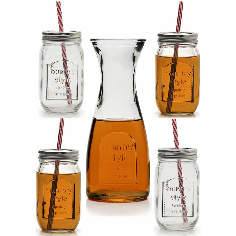 Circleware Country HUGE 9 Piece Set, Glass Yorkshire Mason Jars with Lids and Straws, 1- 33.8 Ounce Water Ice Tea Drink Pitcher Carafe, Four-16 Ounce Jars Metal Lids Reusable Plastic Straws