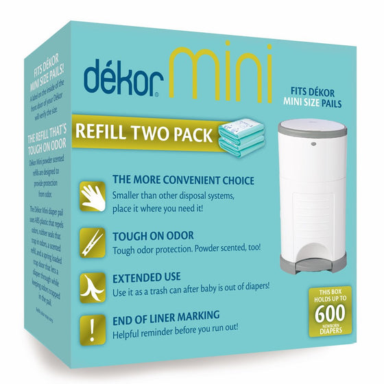 Dekor Mini Diaper Pail Refills | Most Economical Refill System | Quick & Easy to Replace | No Preset Bag Size – Use Only What You Need | Exclusive End-of-Liner Marking | Baby Powder Scent | 2 Count