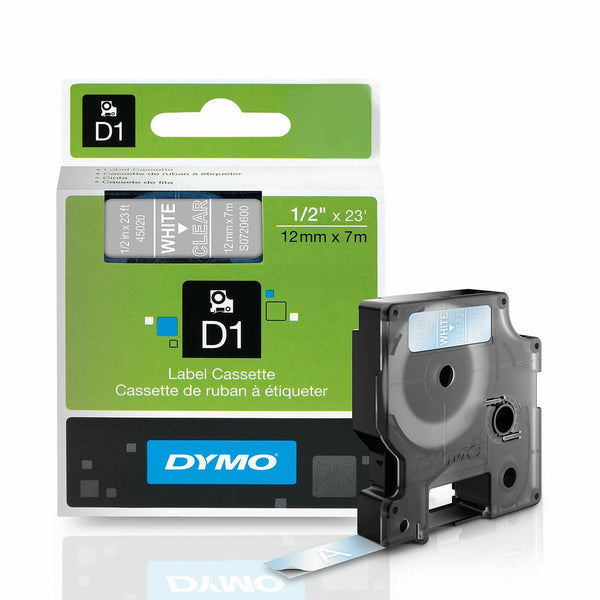 DYMO Standard D1 45020 Labeling Tape (White Print on Clear Tape, 1/2'' W x 23' L, 1 Cartridge)