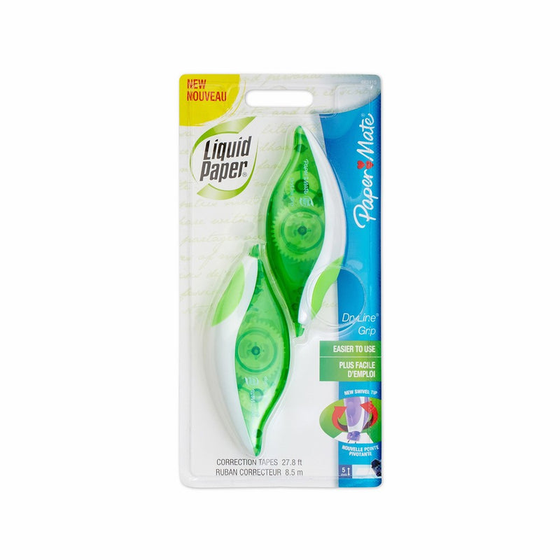 Paper Mate Liquid Paper DryLine Grip Correction Tape, Green, 2 Count