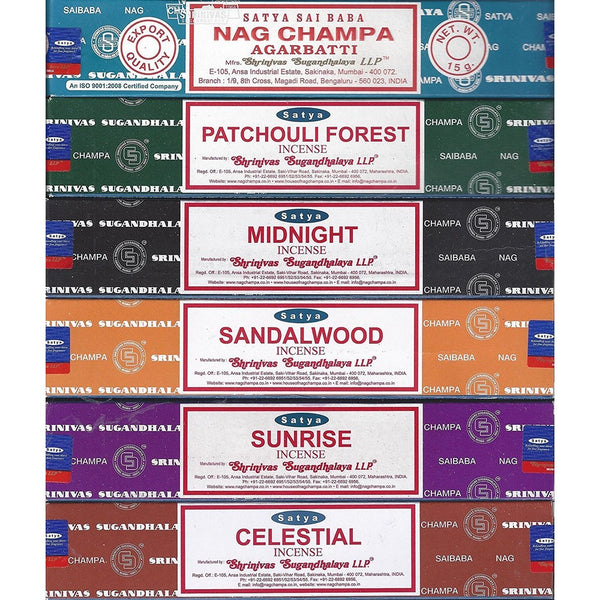 Satya - Set of 6 - Nag Champa, Sunrise, Sandalwood, Midnight, Patchouli, Celestial 15 grams