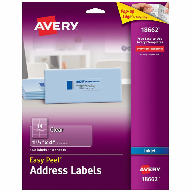 Avery Matte Frosted Clear Address Labels for Inkjet Printers, 1-1/3" x 4", 140 Labels (18662)