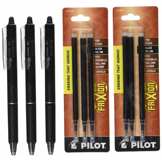 Pilot FriXion Clicker Retractable Gel Ink Pens, Eraseable, Fine Point 0.7 mm, Black Ink (314505P)