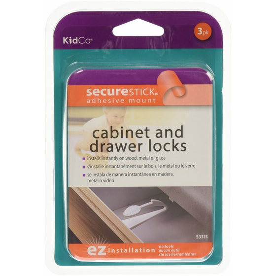 KidCo Adhesive Mount Cabinet & Drawer Lock 3 pack, White