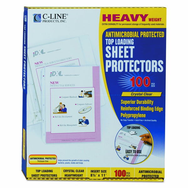 C-Line Clear Top-Loading Heavyweight Antimicrobial Poly Sheet Protectors, 8.5 x 11 Inches, 100 per Box (62033)