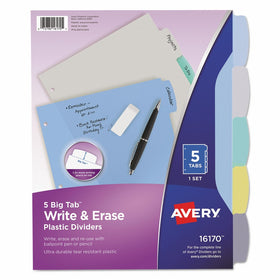 Avery 16170 Write & Erase Big Tab Plastic Dividers, 5-Tab, Multicolor, Letter