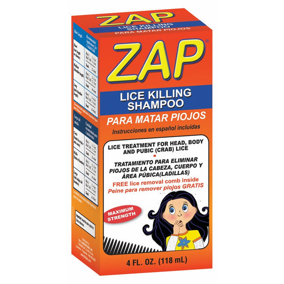 ZAP Liquid Lice Killing Shampoo/Made in USA/For Adults and Children Ages 2 and Up/4 FL. OZ.