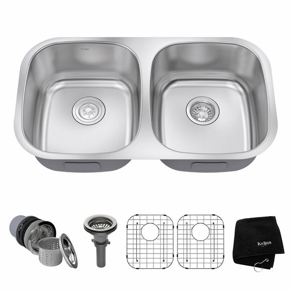 Kraus KBU22 32 inch Undermount 50/50 Double Bowl 16 gauge Stainless Steel Kitchen Sink
