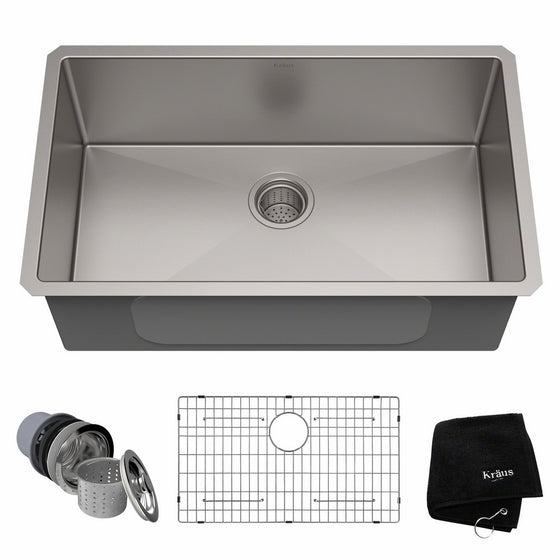 Kraus 30-inch Standart PRO 16 Gauge Undermount Single Bowl Stainless Steel Kitchen Sink, KHU100-30