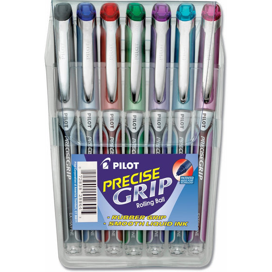 Pilot Precise Grip Liquid Ink Rolling Ball Pens, Extra Fine Point, 7-Pack Pouch, Black/Blue/Red/Green/Purple/Turquoise/Pink Inks (28864)