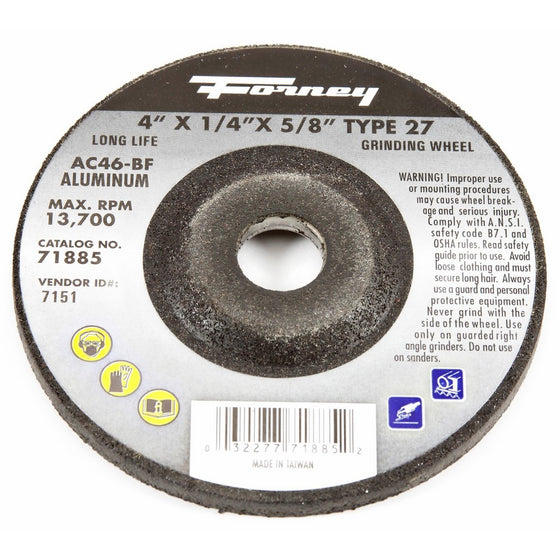 Forney 71885 Grinding Wheel with 5/8-Inch Arbor, Aluminum Type 27, AC46-BF, 4-Inch-by-1/4-Inch