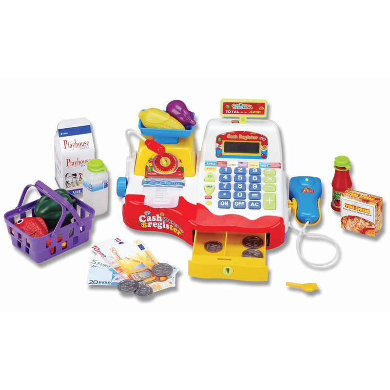 Supermarket Cash Register with Checkout Scanner, Weight Scale, Microphone, Calculator, Play Money and Food Shopping Playset for kids