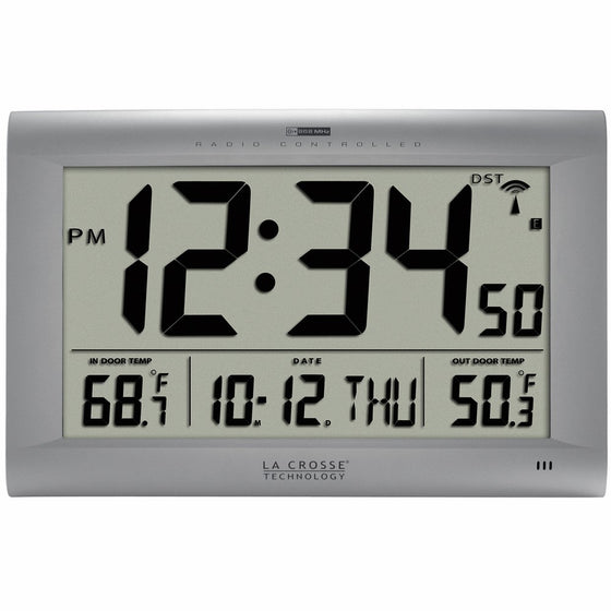 La Crosse Technology 513-1311OT Jumbo Atomic Digital Wall Clock with Out Temperature, Silver