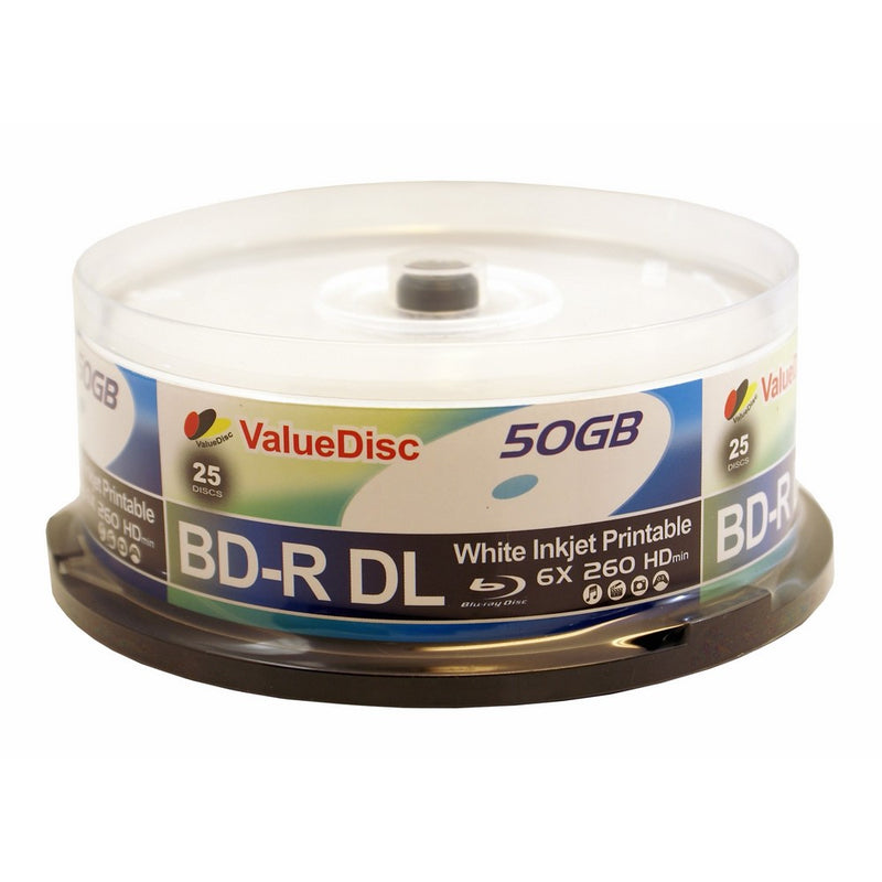 ValueDisc BD-R 6X DUAL LAYER 50GB WHITE INKJET PRINTABLE 25PK in Spindle