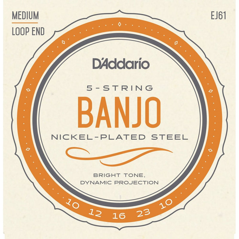 D'Addario EJ61 Nickel 5-String Banjo Strings, Medium, 10-23