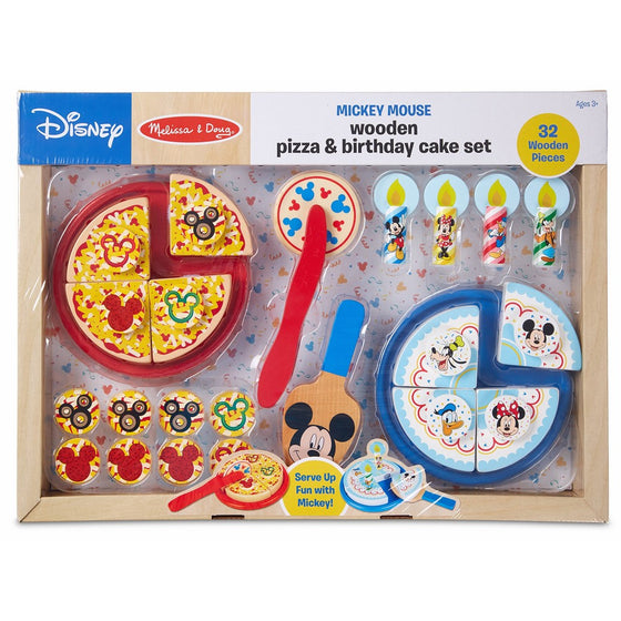 Melissa & Doug Mickey Mouse Wooden Pizza and Birthday Cake Set (32 pcs) - Play Food
