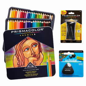 Prismacolor Quality Art Set - Premier Colored Pencils 48 Pack, Premier Pencil Sharpener 1 Pack and Latex-Free Scholar Eraser 1 Pack