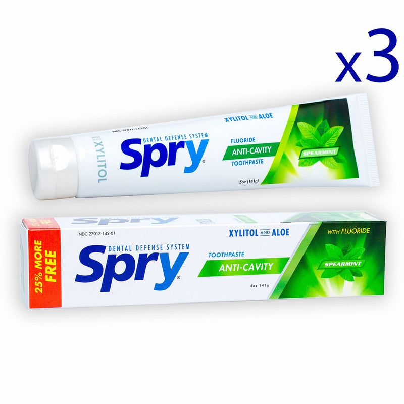 Spry Xylitol Toothpaste with Fluoride, Natural Spearmint, Anti-Cavity, 5 oz (3 Pack)