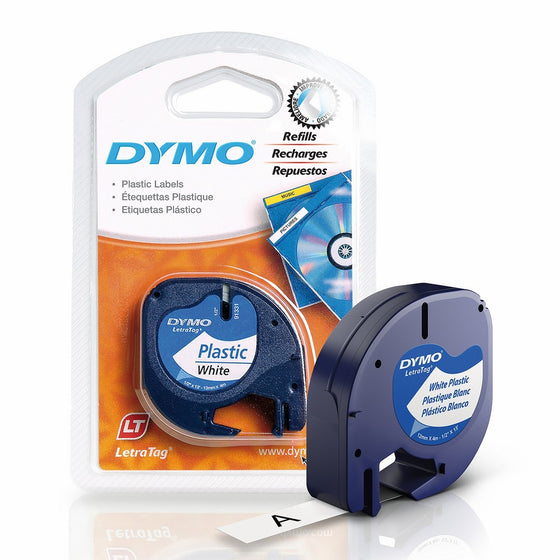 DYMO 91331 LetraTag Labeling Tape for LetraTag Label Makers, Black Print on White Plastic Tape, 1/2'' W x 13' L, 1 Roll