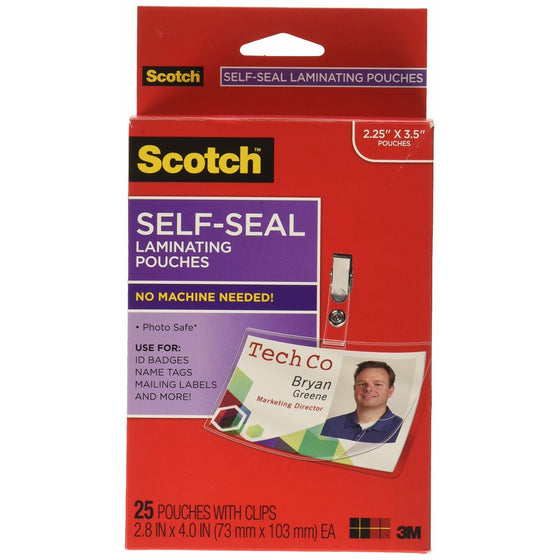 Scotch Self-Sealing Laminating Pouches, ID Protectors Includes Clips, 2.25 Inches x 3.5 Inches, 25 Pouches (LS852G)