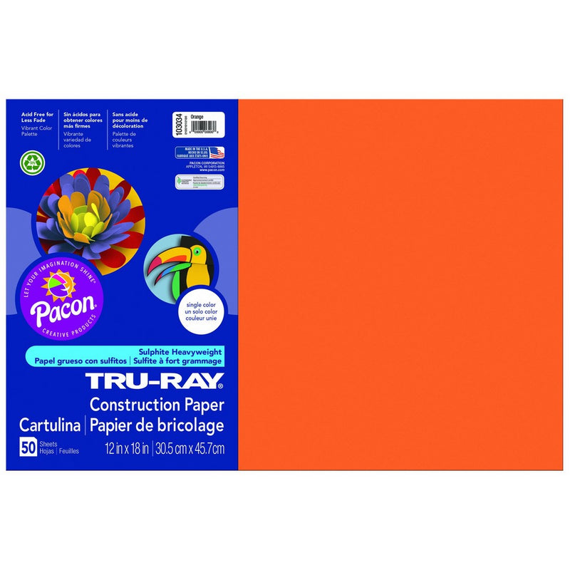 Pacon Tru-Ray Construction Paper, 12-Inches by 18-Inches, 50-Count, Orange (103034)