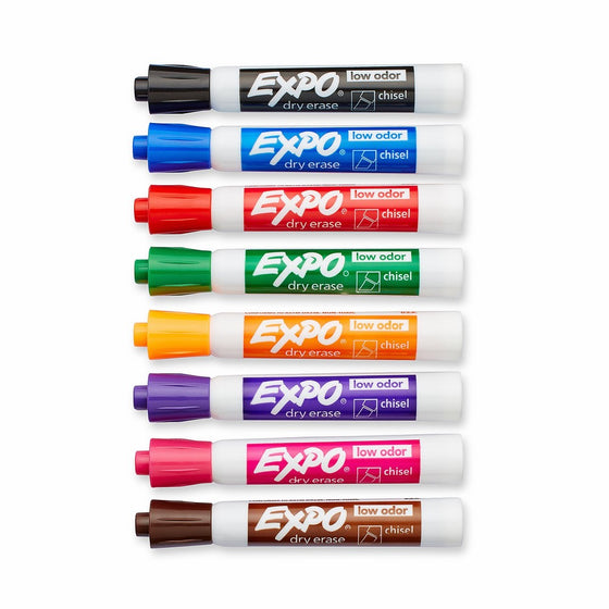 Expo 80078 Low Odor Dry Erase Markers, Chisel Tip, Assorted Colors, 1 Pack with 8 Markers, Total of 8 Markers
