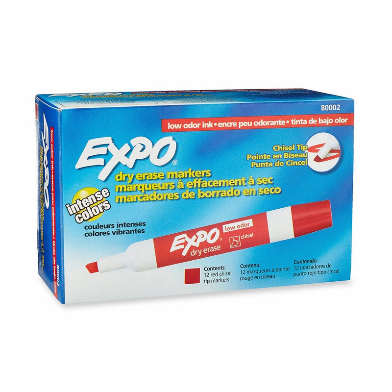 EXPO 80002 Low-Odor Dry Erase Markers, Chisel Tip, Red, 12-Count