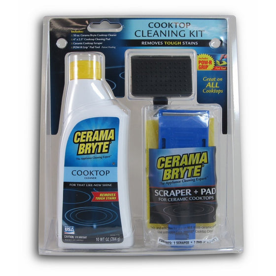 Cerama Bryte - Cooktop Cleaning Kit - Includes 10 oz. Bottle of Cerama Bryte Cooktop Cleaner, 1 Cleaning Pad and 1 Scraper