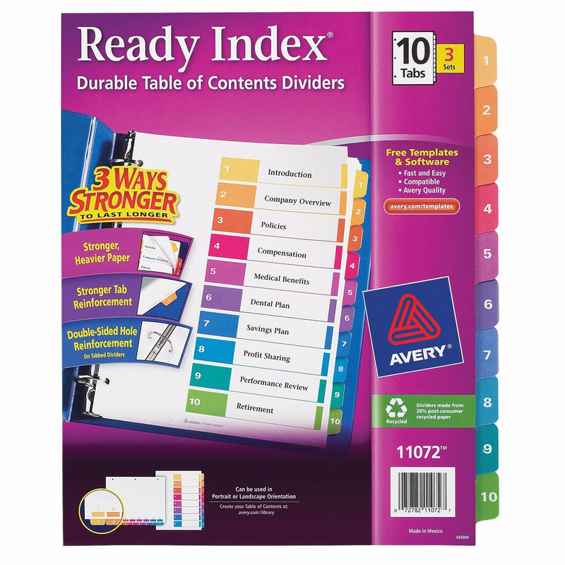 Avery Ready Index Table of Contents Dividers, 10-Tab Set, 3 Sets (11072)