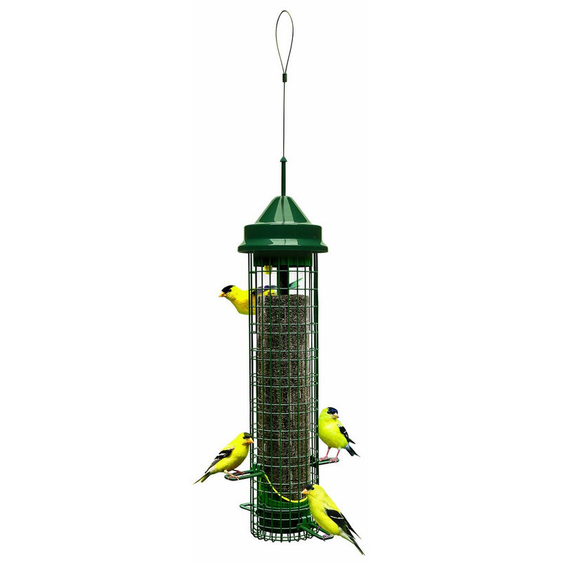 Squirrel Buster Finch 5.3"x5.3"x32" (w/hanger) Wild Bird Feeder with 4 Metal Perches and 8 Feeding Ports, 2.4lb Thistle/Nijer Seed Capacity