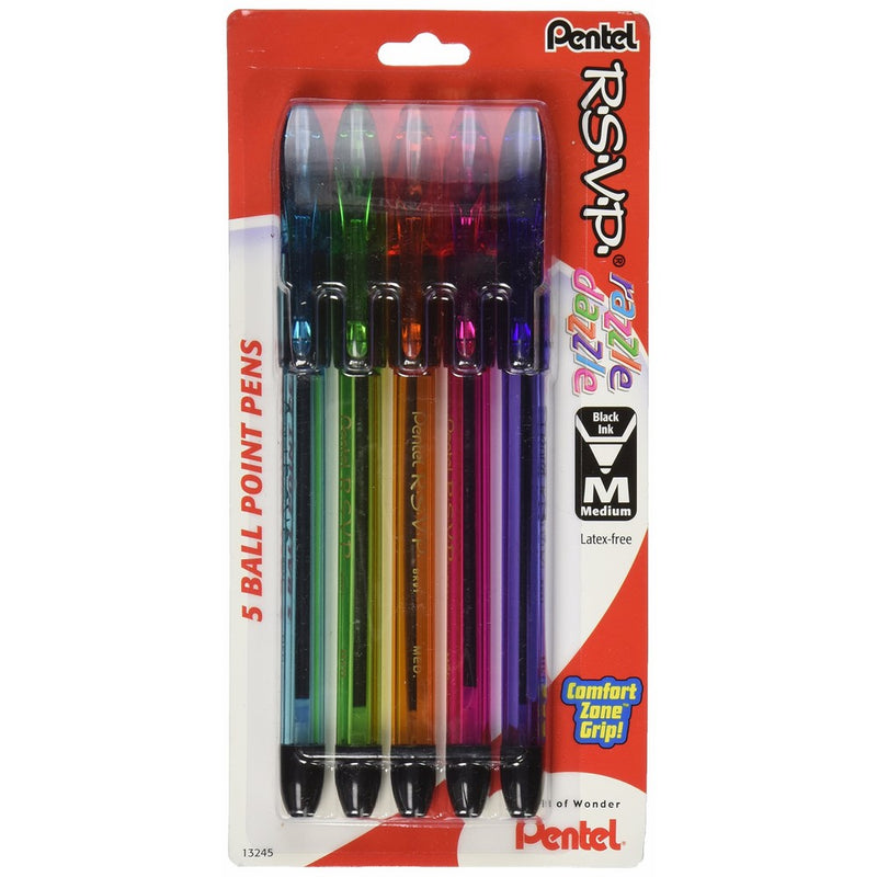 Pentel R.S.V.P. Razzle-Dazzle Ballpoint Pen, Medium Line, Black Ink, 5 Pack (BK91RDBP5M)