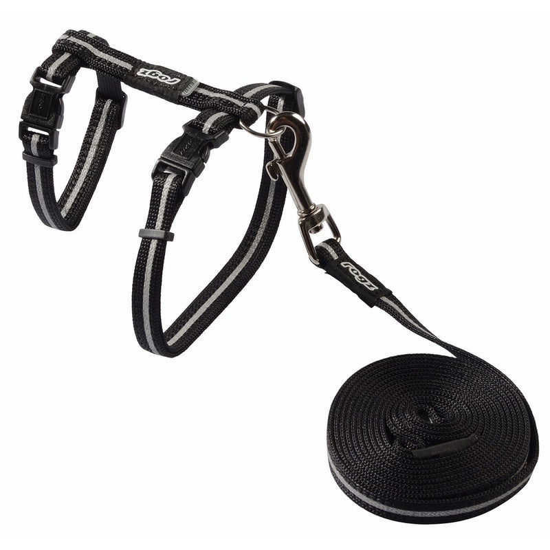 Rogz Reflective Nylon Cat Leash and Harness Combination Set, escape proof for walking and fully adjustable to fit most breeds, Black