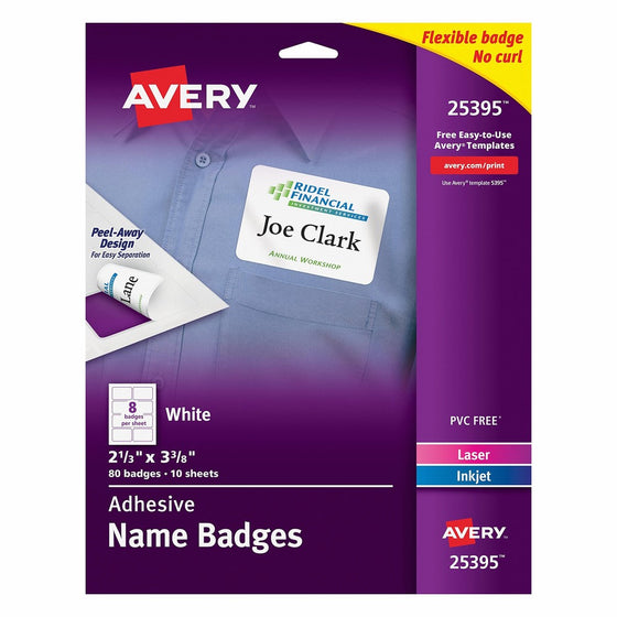 Avery Premium Personalized Name Tags, Print or Write, 2-1/3" x 3-3/8", 80 Adhesive Tags,(25395)