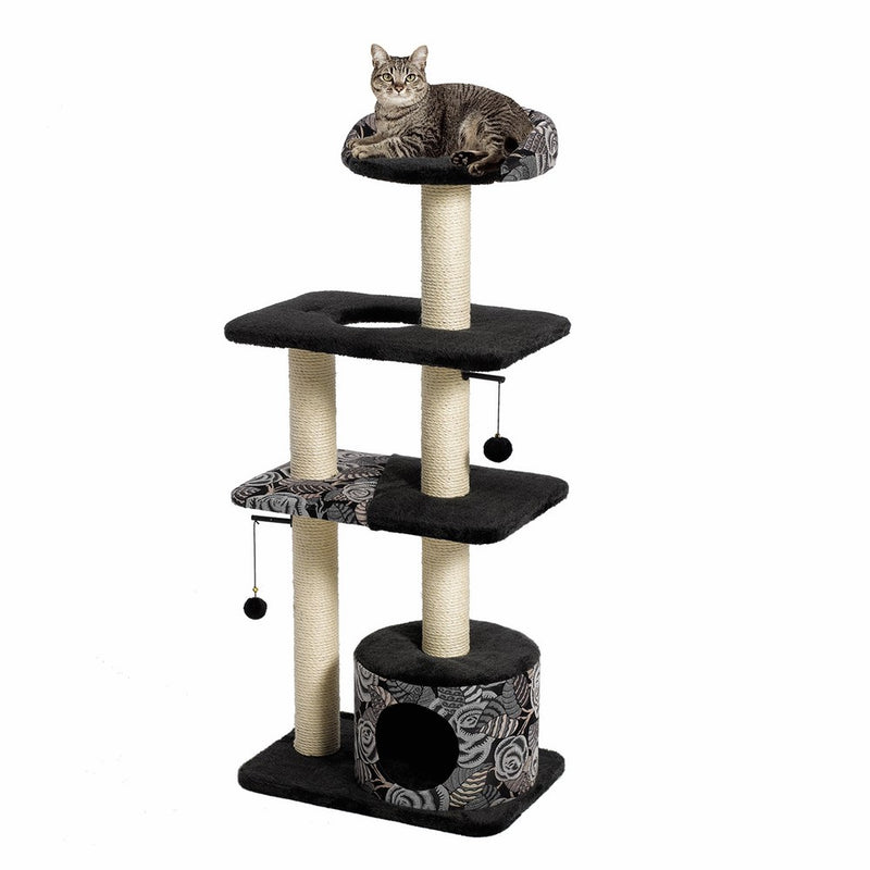 Cat Tree | "Tower" Cat Furniture, 5-Tier Cat Tree w/ Sisal Wrapped Support Scratching Posts & High Cat Look-Out Perch, Black / White Pattern, Large Cat Tree
