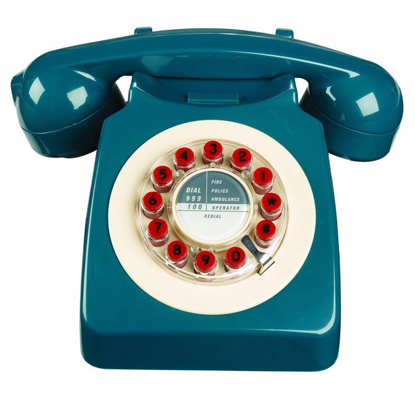 Wild Wood Rotary Design Retro Landline Phone for Home, Petrol Blue