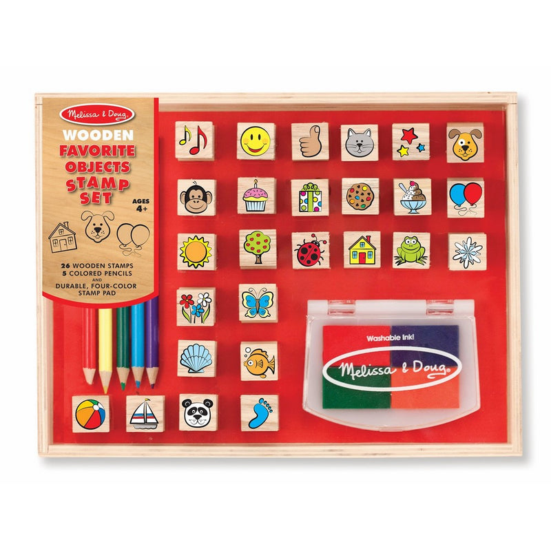 Melissa & Doug Wooden Stamp Set, Favorite Things - 26 Wooden Stamps, 4-Color Stamp Pad