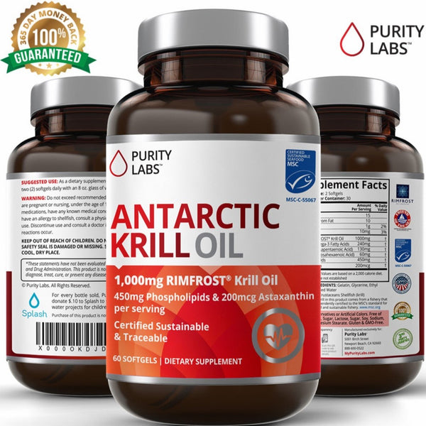 PurityLabs Antarctic Krill Oil Capsules with Astaxanthin - 2000mg per serving with Phospholipids and Omega 3 for Heart Brain and Joint Support, 30 Day Supply