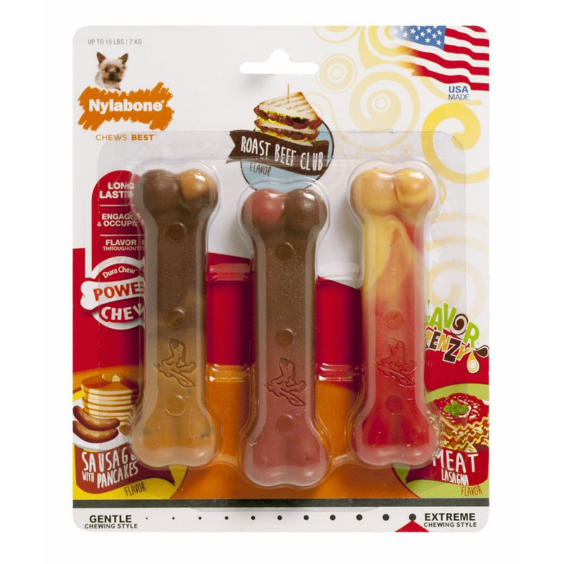 Nylabone Flavor Frenzy Power Chew Triple Pack, Pancakes & Sausage, Roast Beef Club, and Lasagna