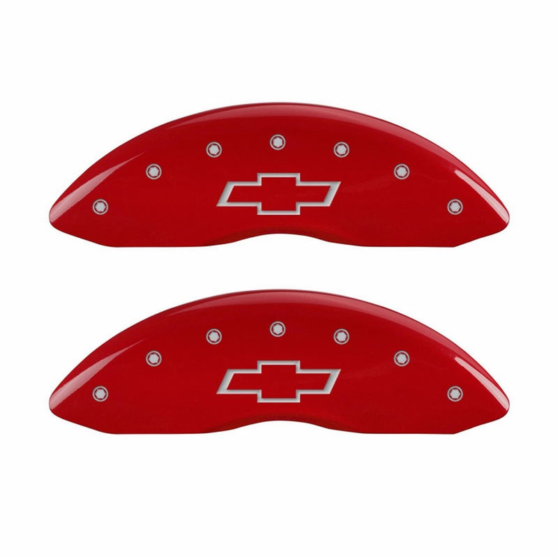 MGP Caliper Covers 14217SBOWRD 'Bowtie' Engraved Caliper Cover with Red Powder Coat Finish and Silver Characters, (Set of 4)