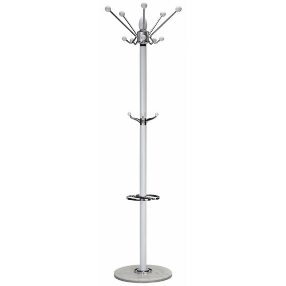 Cortesi Home Lava Coat Rack in White Lacquer Wood and Chrome Accents, White Marble