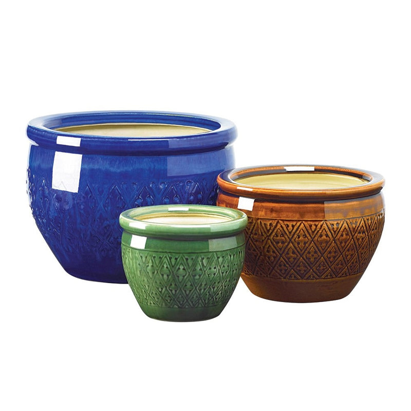 Gifts & Decor Jewel Tone Flower Pot Trio Embossed Earthenware Planter