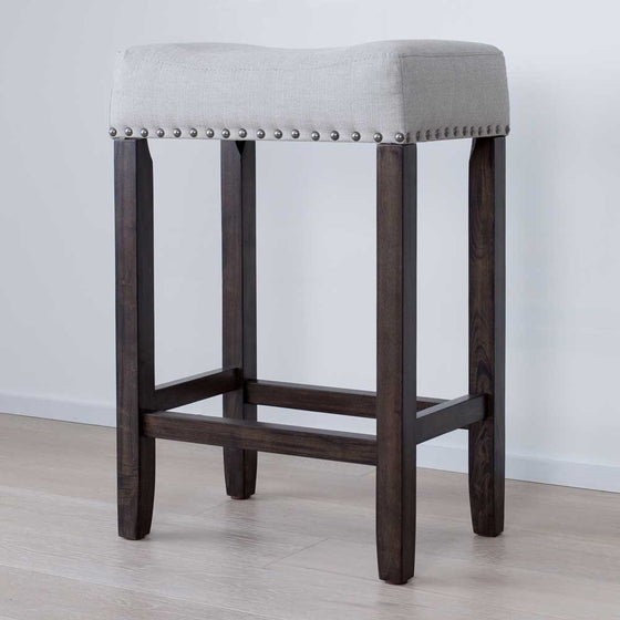 Nathan Home 21302 Hylie Nailhead Wood Kitchen Counter Bar Stool, 24", Gray Upholstered Fabric Cushion, Dark Gray Finish