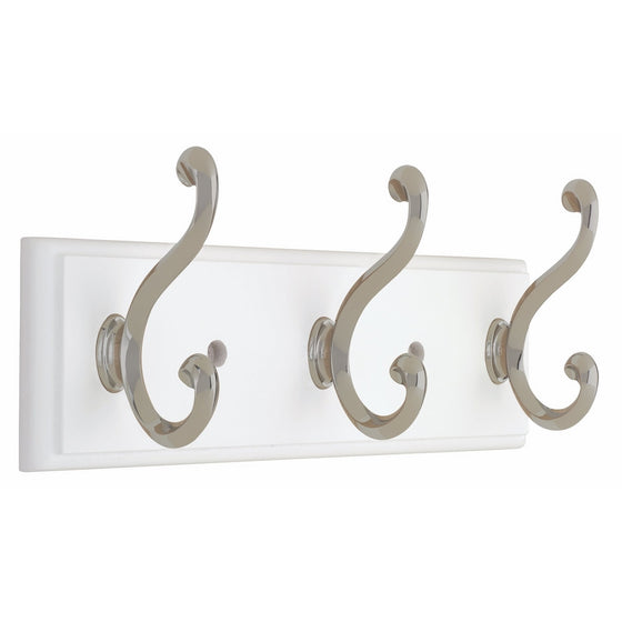 Liberty 129854 10-Inch Hook Rail/Coat Rack with 3 Scroll Hooks, White and Satin Nickel