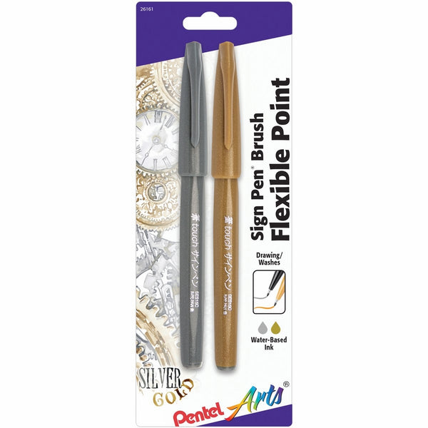 Pentel Arts Sign Pen Touch, Fude Brush Tip, Gold/Silver, Pack of 2 (SES15CBPXZ)