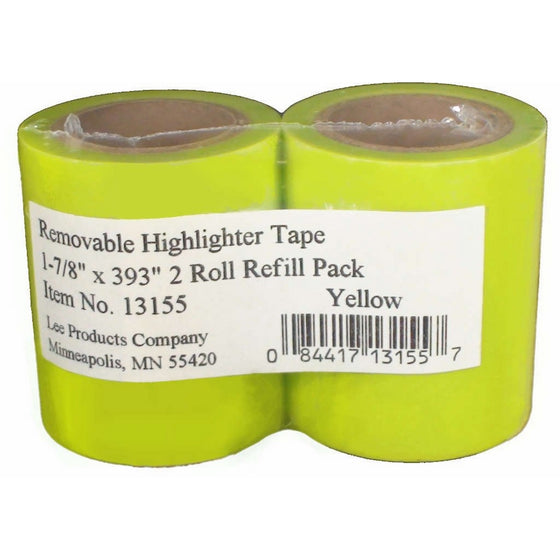 Lee Products Co. 1-7/8-Inch Wide, 393-Inch Long Removable Highlighter Tape, 2-Roll Refill Pack, Yellow (13155)
