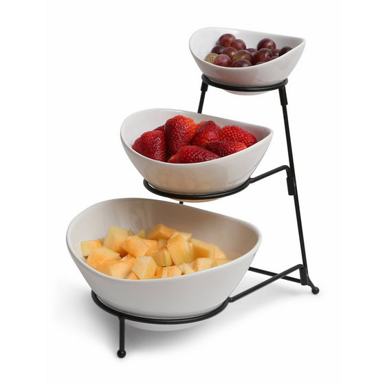 Gibson 3 Tiered Oval Chip And Dip Set With Metal Rack, Three Tier Dessert And Snack Server