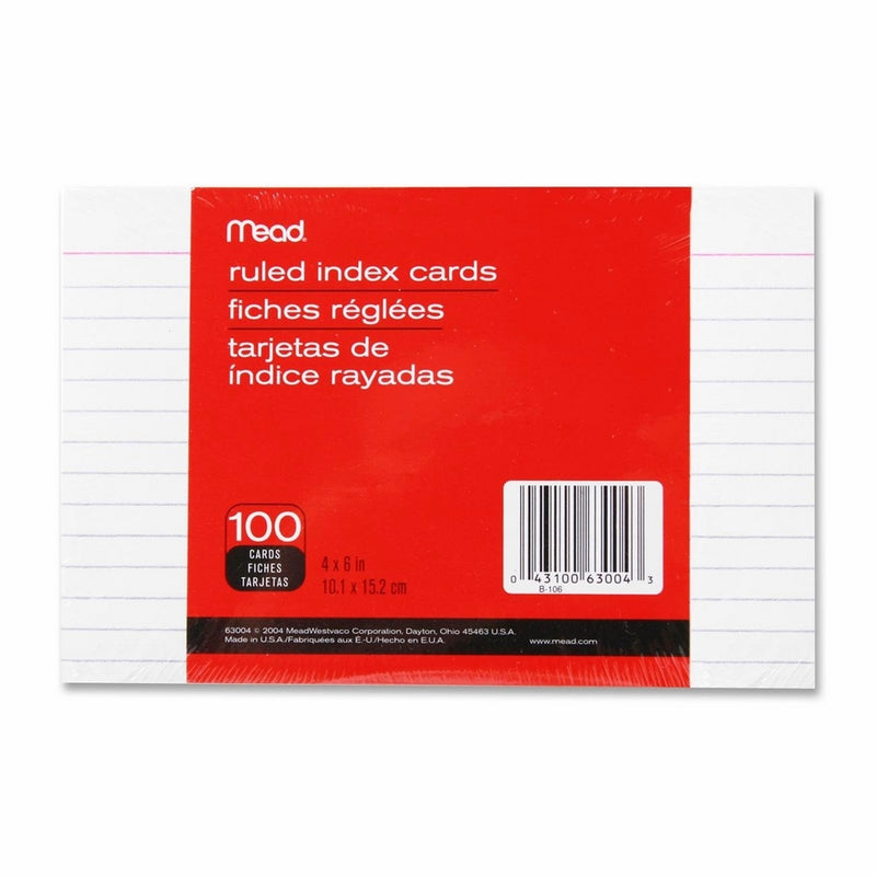 Mead : Index Cards, Ruled, 4"x6", 100/PK, White -:- Sold as 2 Packs of - 100 - / - Total of 200 Each