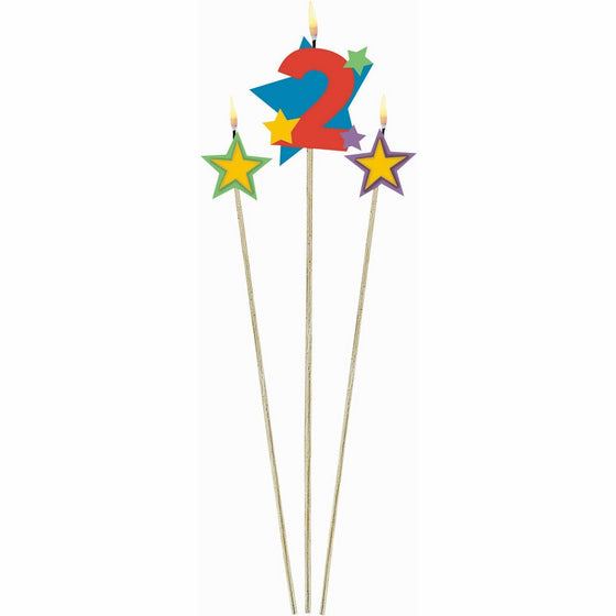 Amscan Party Time Stars and Number 2 Celebration Candle on a Stick, Pack of 3, Multi, 7" Wax